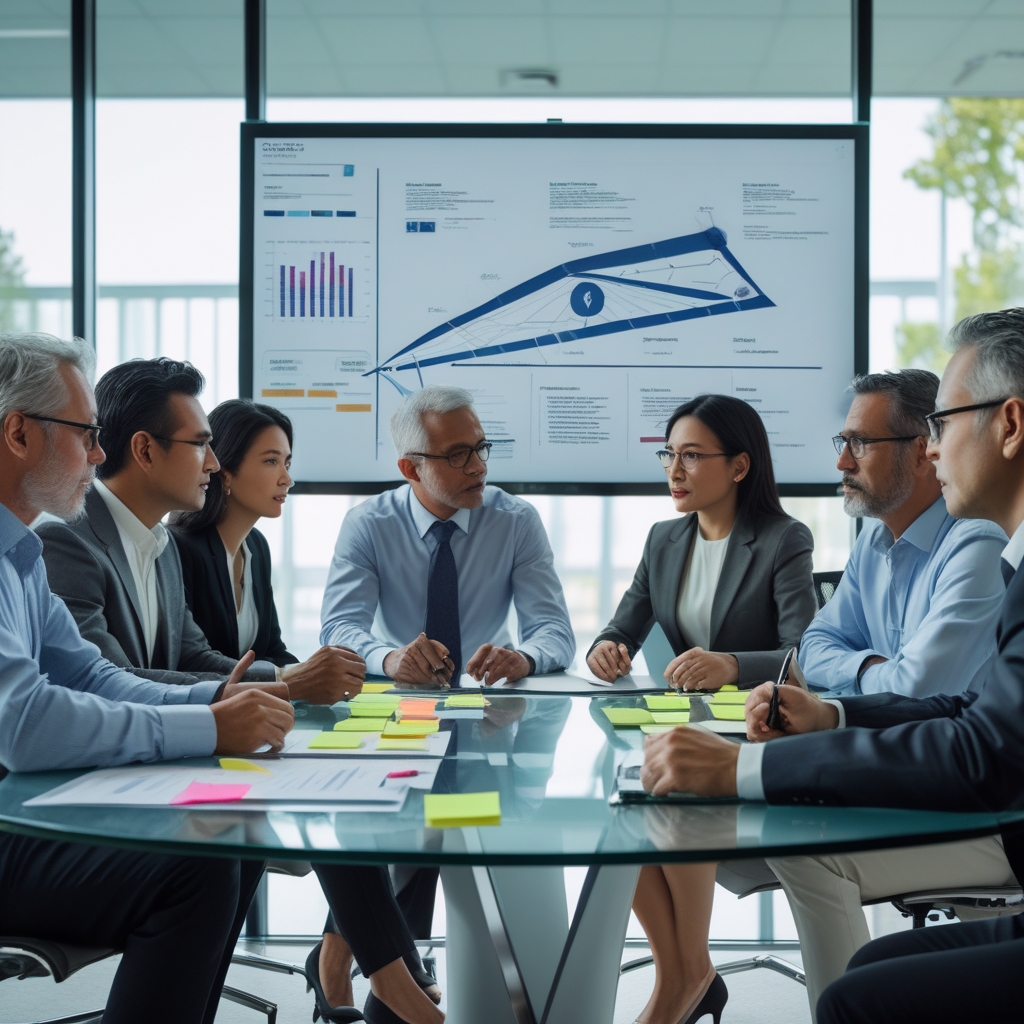 Strategie Führung Strategie und Führung - eine Gruppe Führungskräfte sitzt an einem Bürotisch und spricht über Strategie